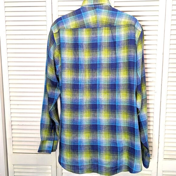 Robert Talbott Linen Shirt XL Long Sleeve Colorful Blue Yellow Plaid button down - Picture 5 of 13